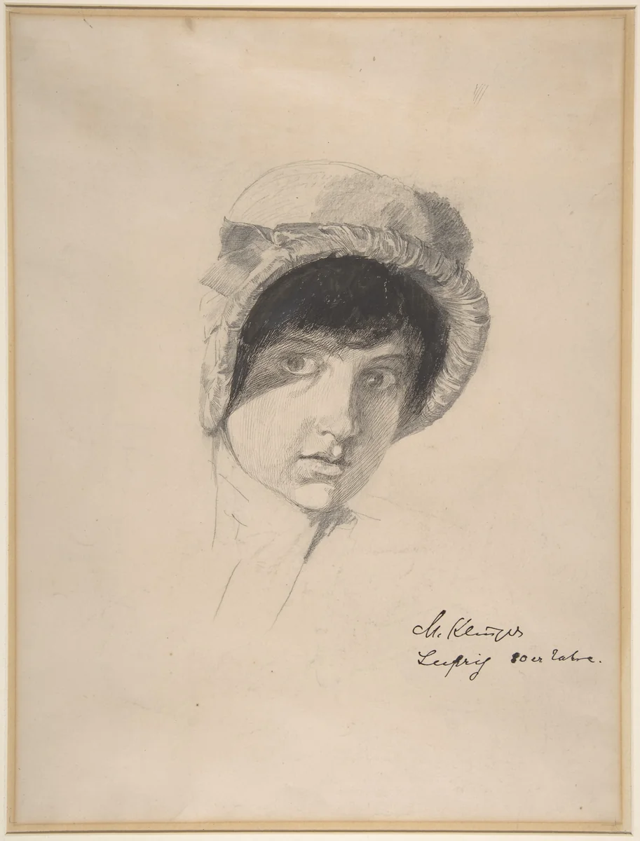 The Head of a Young Woman Wearing a Bonnet by Max Klinger, drawing, 1875-1887