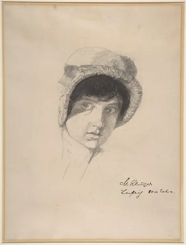 The Head of a Young Woman Wearing a Bonnet by Max Klinger, drawing, 1875-1887