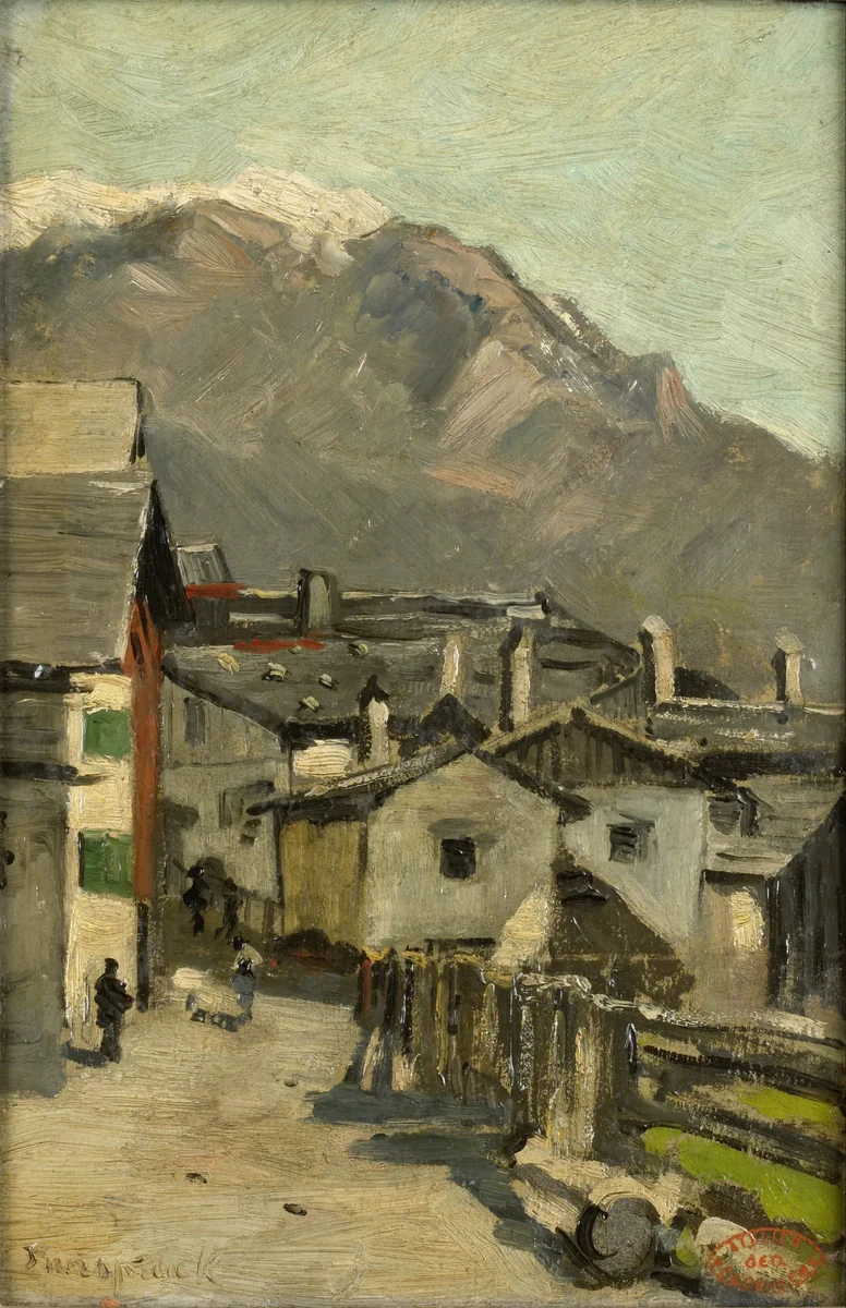 Houses along a road near a mountain (Innsbruck?) by Geo Poggenbeek, painting, 1882