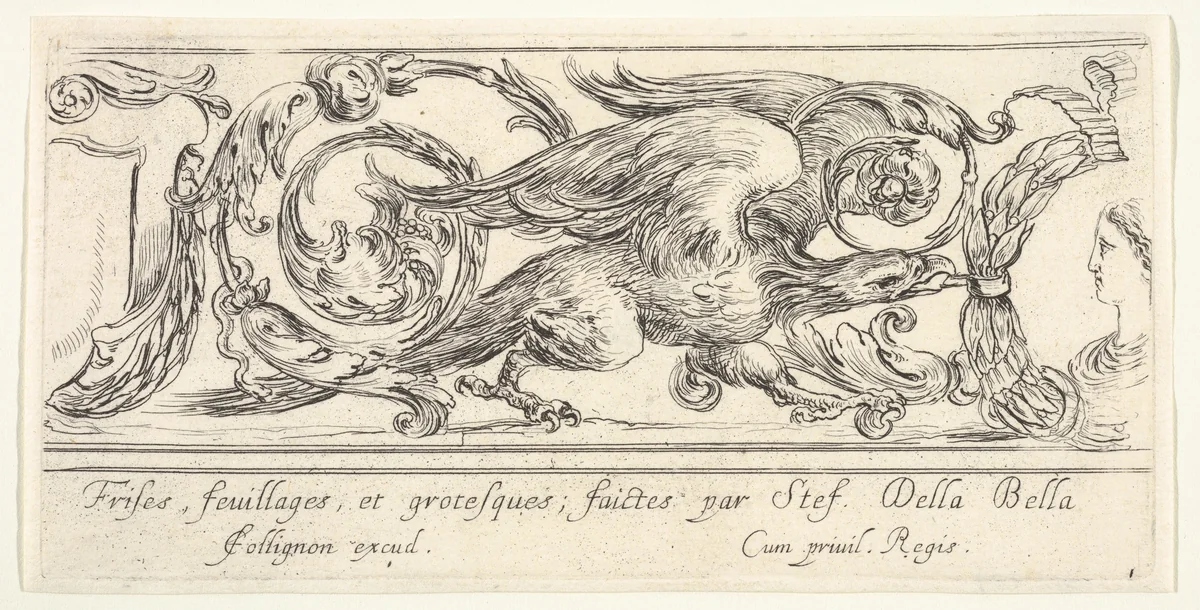 An eagle walking towards the right, a bust of a woman to right turned in profile towards the left, plate 1 from "Friezes, foliage, and grotesques" (Frises, feuillages et grotesques) by Stefano della Bella, print, 1638-1643