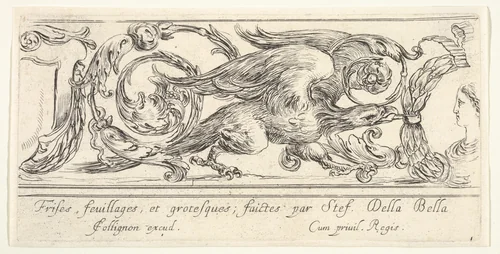 An eagle walking towards the right, a bust of a woman to right turned in profile towards the left, plate 1 from "Friezes, foliage, and grotesques" (Frises, feuillages et grotesques) by Stefano della Bella, print, 1638-1643