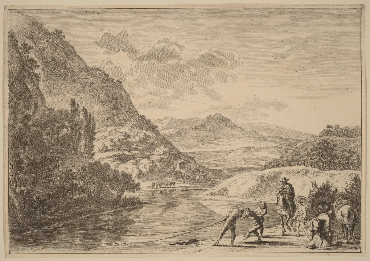 Fishermen at the Tiber, near the Soracte by Jan Both, print, 1615-1652