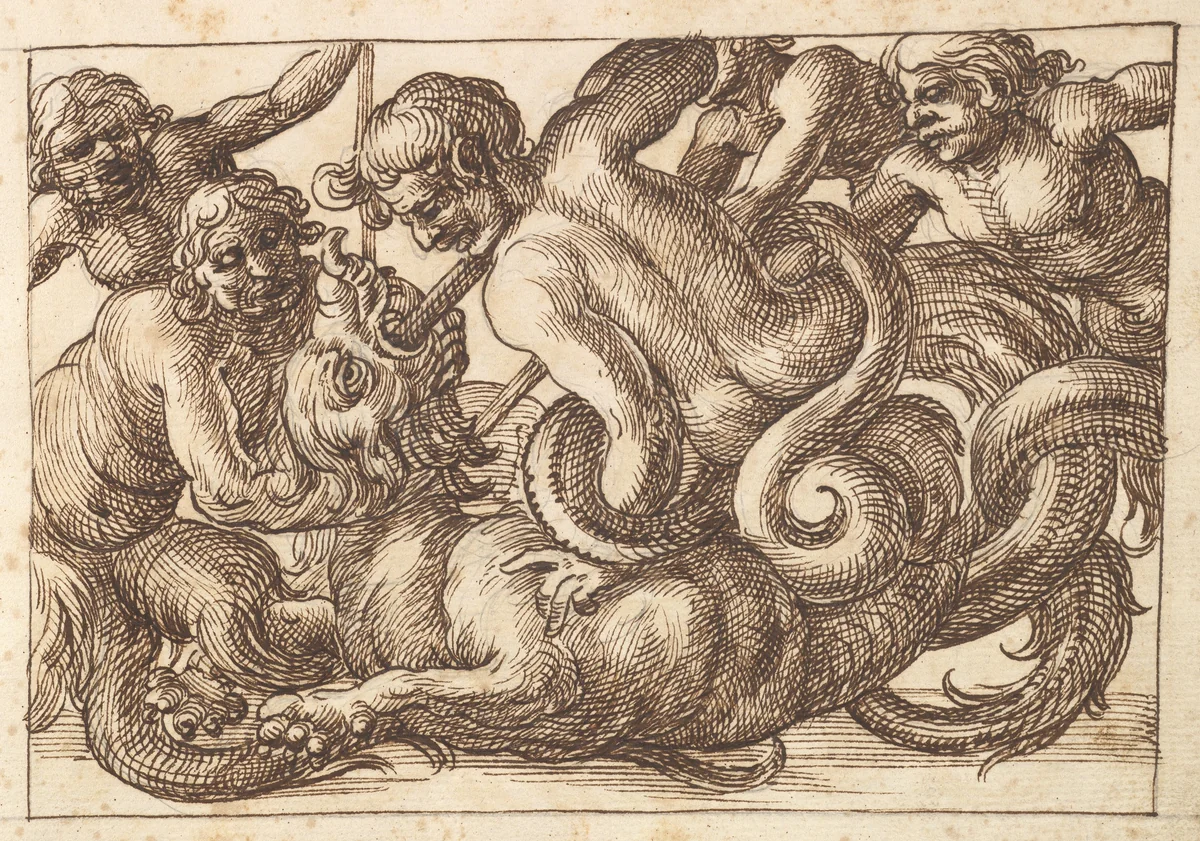 Horizontal Panel Design with Five Male Figures Fighting a Dragon by anonymous, drawing, 1600-1650