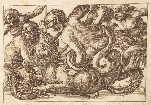 Horizontal Panel Design with Five Male Figures Fighting a Dragon by anonymous, drawing, 1600-1650