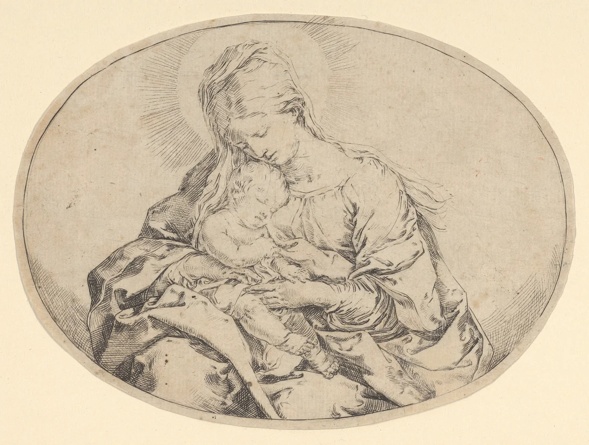 The Virgin holding the infant Christ, an oval composition by Guido Reni, print, 1595-1645