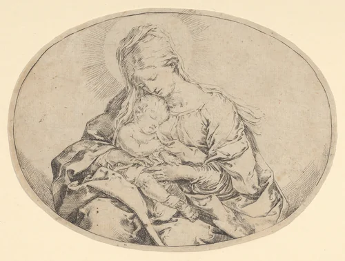 The Virgin holding the infant Christ, an oval composition by Guido Reni, print, 1595-1645