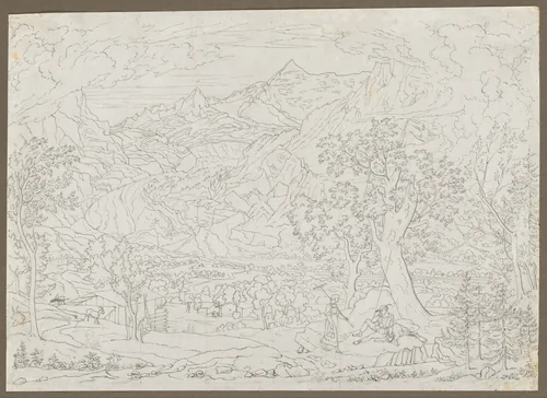 The Grindelwald Glacier with Hunter and Peasant Girl in Foreground by Joseph Anton Koch, drawing, 1823