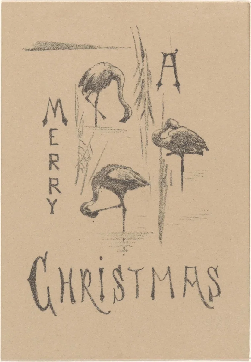 Kerstkaart met drie flamingo's by Theo van Hoytema, print, 1878-1917