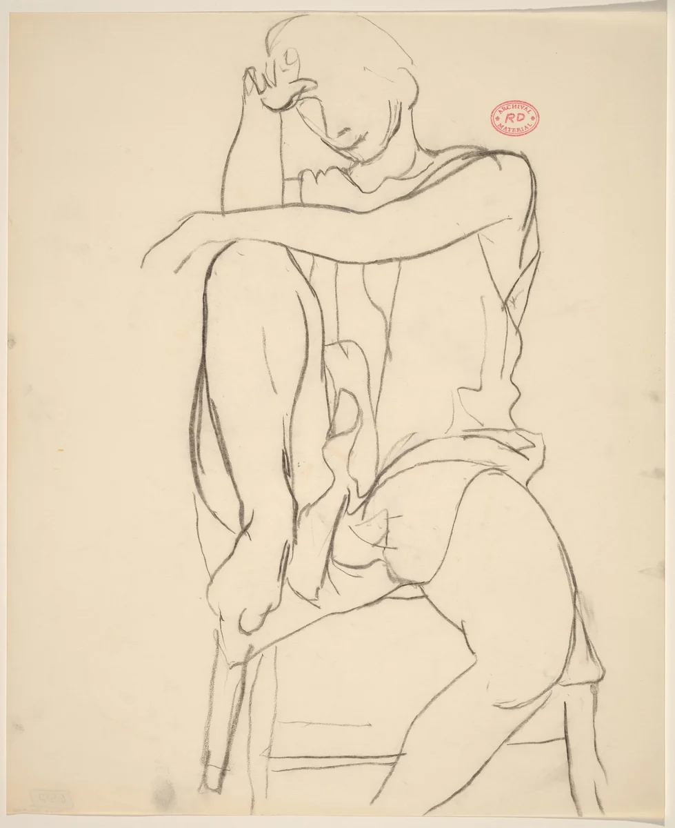 Untitled [draped model seated with right foot in chair seat] by Richard Diebenkorn, drawing, 1955-1967