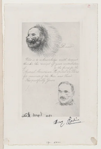 Contribution Receipt of the Special American Hospital in Paris for Wounds of the Face and Jaw by Auguste Rodin, print, 1916