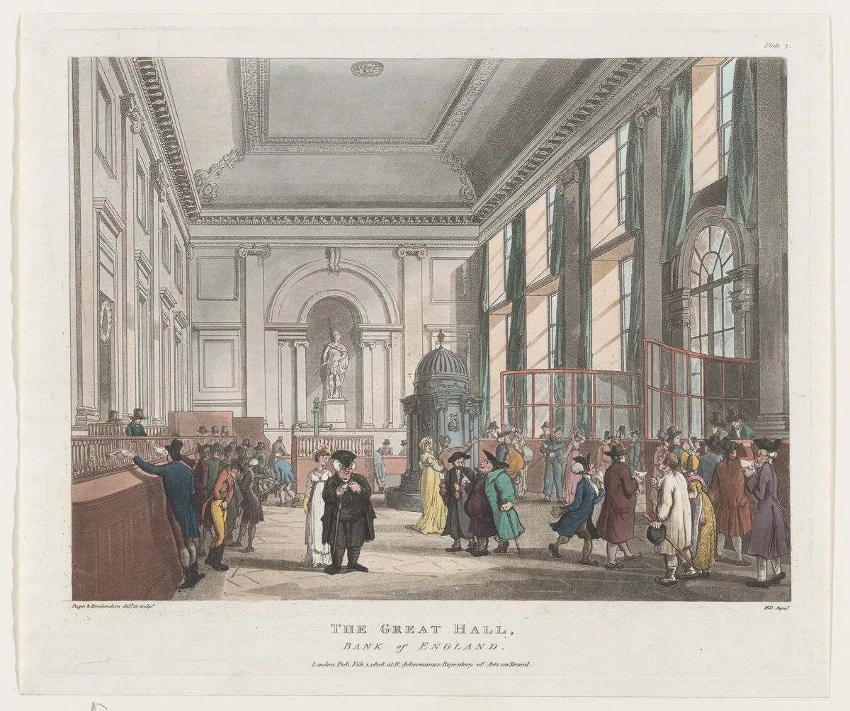 The Great Hall, Bank of England by Thomas Rowlandson, print, 1808