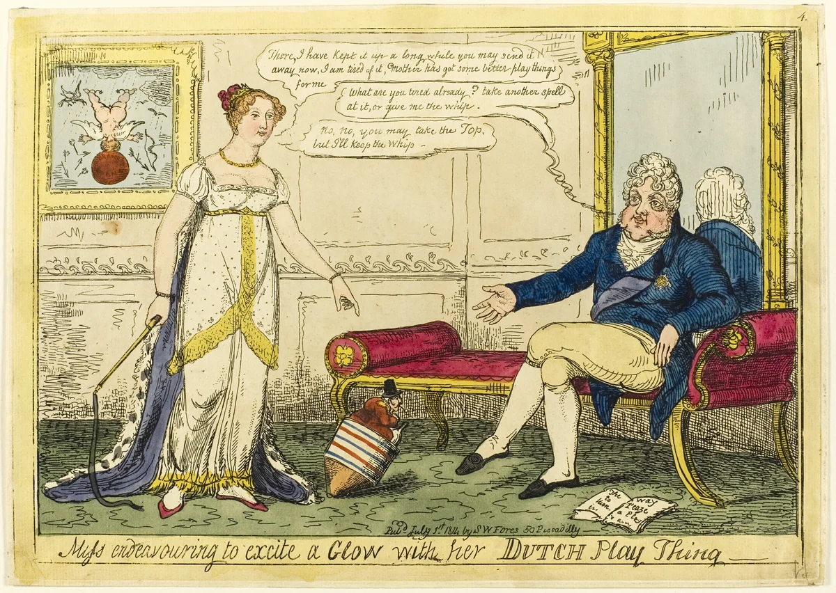 Miss Endeavouring to Excite a Glow with Her Dutch Play Thing by Isaac R. Cruikshank, print, 1814