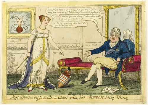 Miss Endeavouring to Excite a Glow with Her Dutch Play Thing by Isaac R. Cruikshank, print, 1814