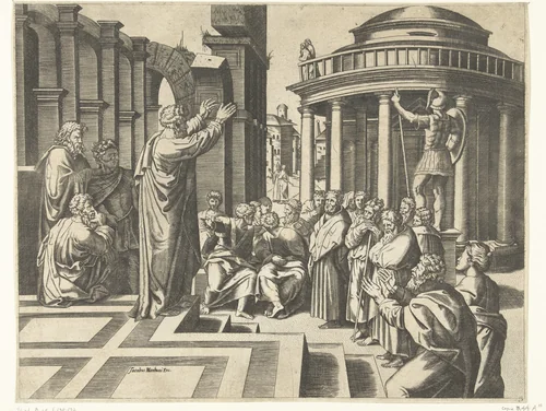 Paulus predikt in Athene by anonymous, print, 1517-1628