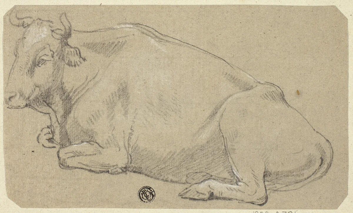 Cow Lying on Haunches (recto); Head of a Woman and Sketch of Horse's Head (verso) by Unknown Artist, drawing, 1800-1899