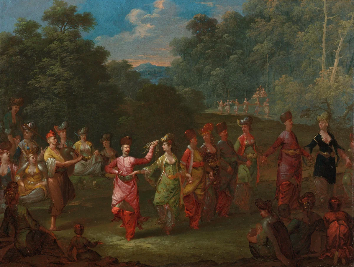 Greek Men and Women Dancing the Khorra by Jean Baptiste Vanmour, painting, 1720-1737