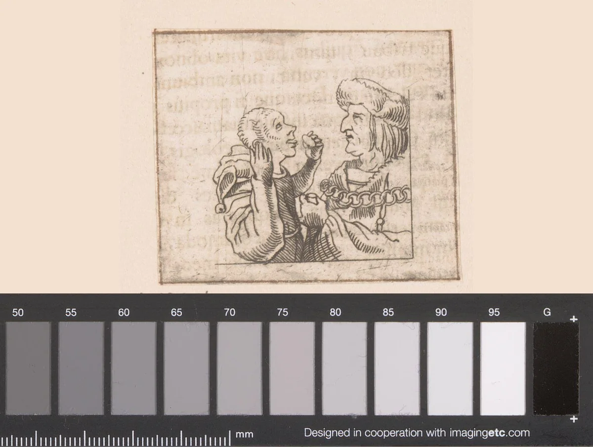 Maximiliaan I van Habsburg, keizer van het Heilige Roomse Rijk, etend met zijn nar by Caspar Merian, print, 1516