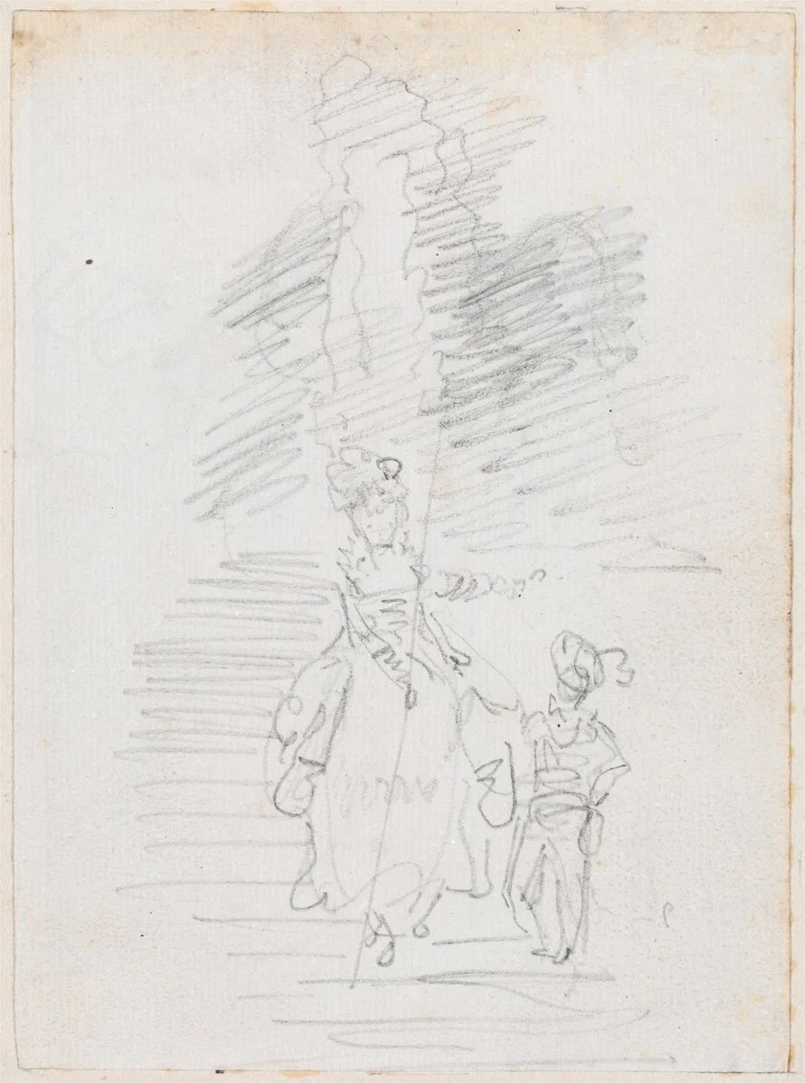 Woman and Smaller Male Figure on Grand Stairway [recto] by Hubert Robert, drawing, 1754-1765