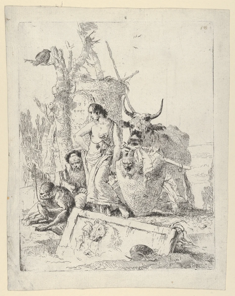 Young Shepherdess and old man with a Monkey, from the Scherzi by Giovanni Battista Tiepolo, print, 1725-1780