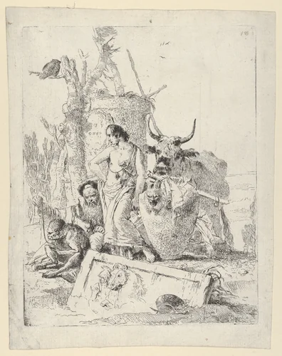 Young Shepherdess and old man with a Monkey, from the Scherzi by Giovanni Battista Tiepolo, print, 1725-1780