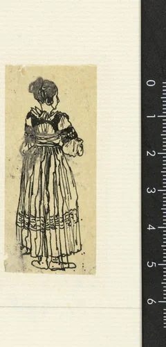 Staande vrouw in landsdracht, op de rug gezien by Rodolphe Bresdin, drawing, 1832-1885