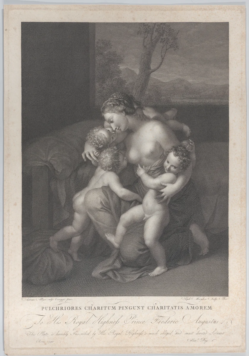 Charity with three small children by Raphael Morghen, print, 1795