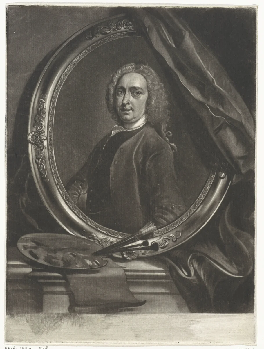 Zelfportret van Cornelis Troost by Arnout Rentinck, print, 1722-1775
