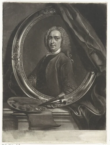 Zelfportret van Cornelis Troost by Arnout Rentinck, print, 1722-1775