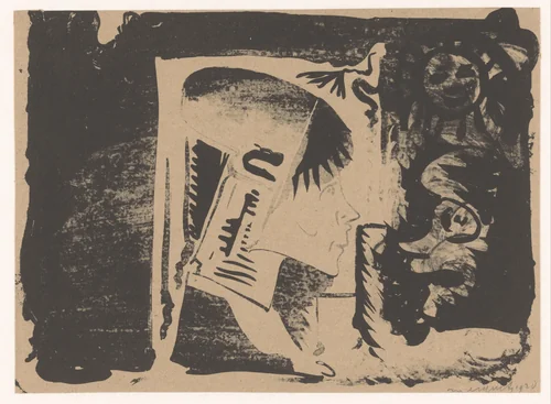 Fantasie: profielkop naar rechts in een witte rechthoek, omgeven door zwart (rechtsonder is het zwart gewassen) by Samuel Jessurun de Mesquita, print, 1920