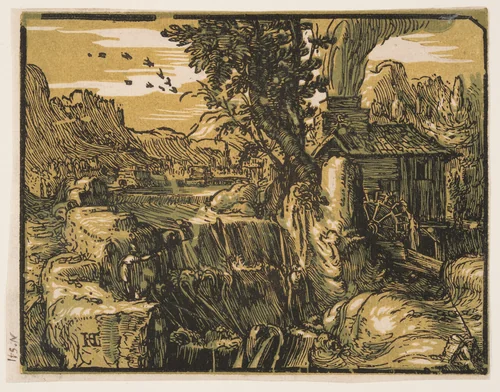 Landscape with a Waterfall by Hendrick Goltzius, print, 1600