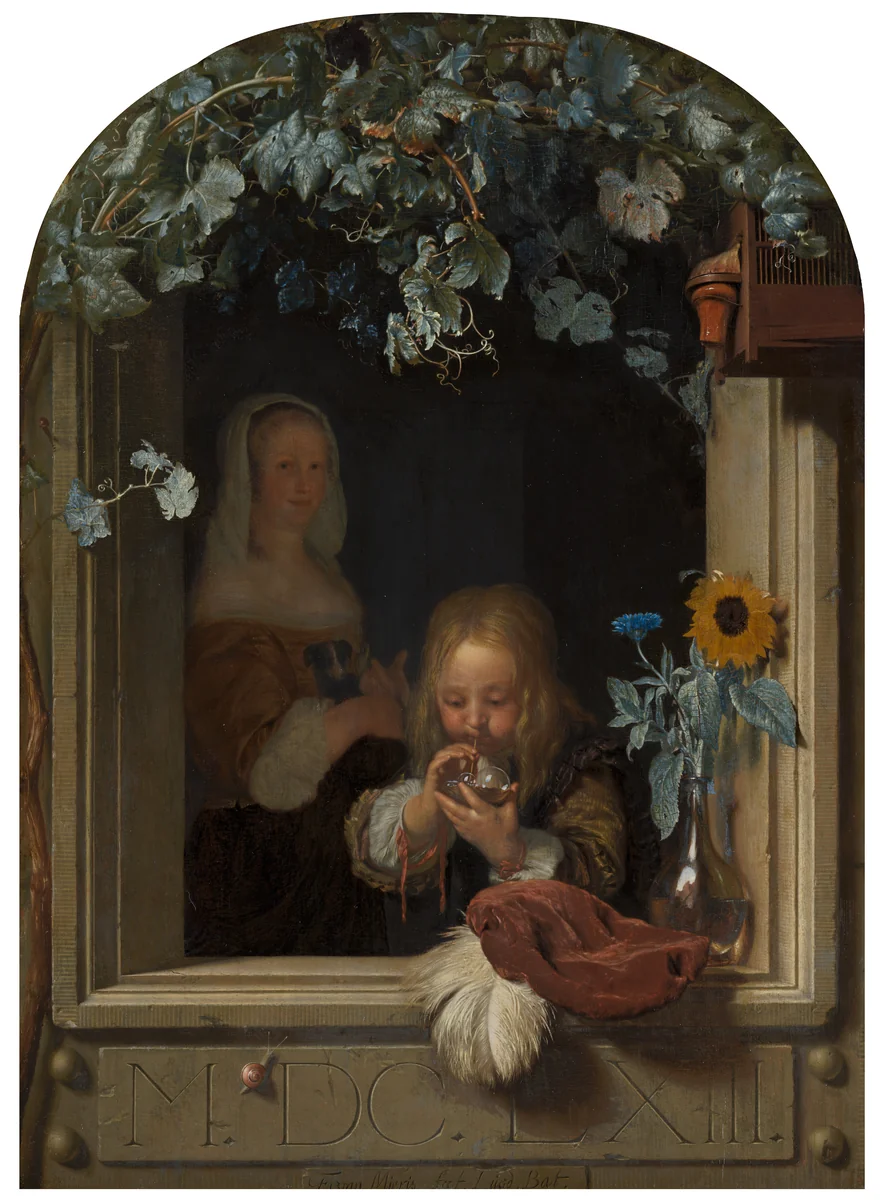 A Boy Blowing Bubbles by Frans van Mieris the Elder, painting, 1663