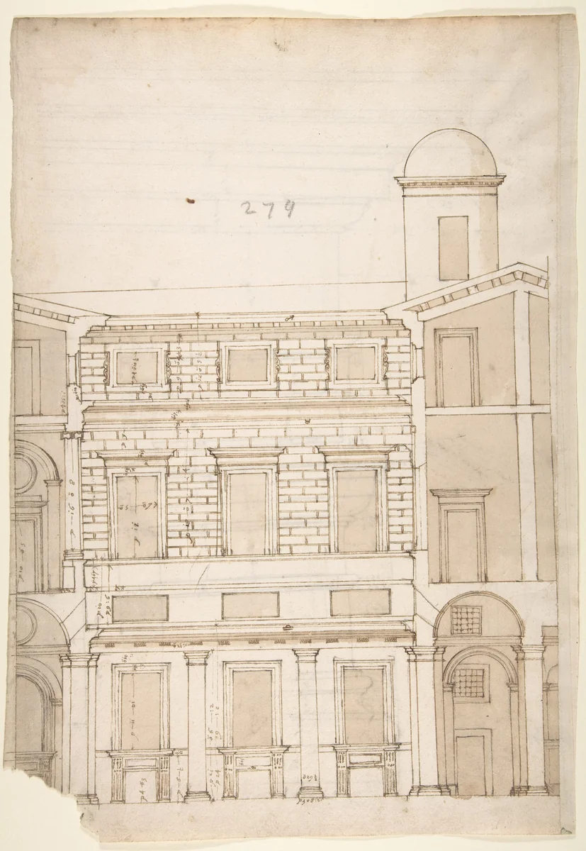 Palazzo Massimo alle Colonne, cortile, section (recto) Palazzo Massimo alle Colonne , first story loggia entablature, profile section and column shaft (verso) by anonymous, drawing, 1500-1560