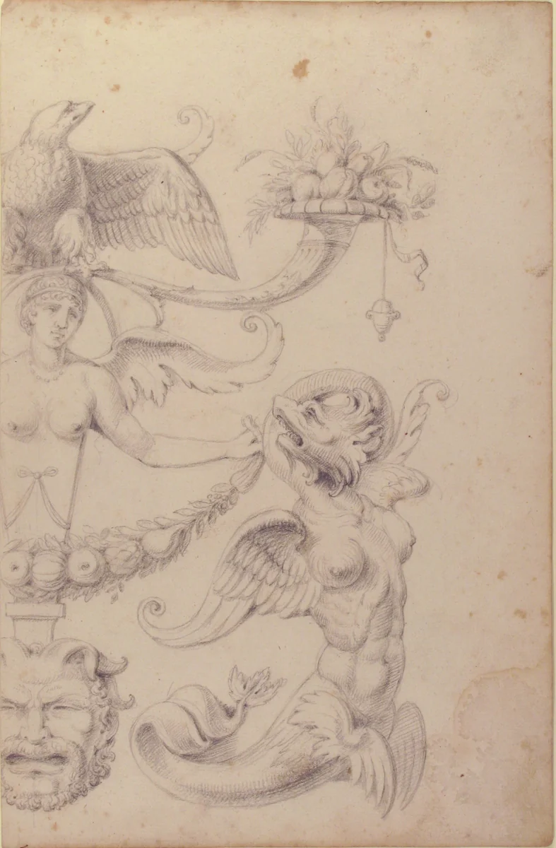 Drawing of a Grotesque after a 16th-century Decorative Relief by Filippo Cretoni, drawing, 1770-1830