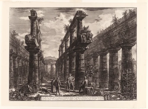 View of the Remains of the Two Rows of Columns in the Temple of Neptune which [originally] formed the colonnades along the sides of the cella, and supported the uppermost part of the roof, from Different views of Paestum by Giovanni Battista Piranesi, print, 1778