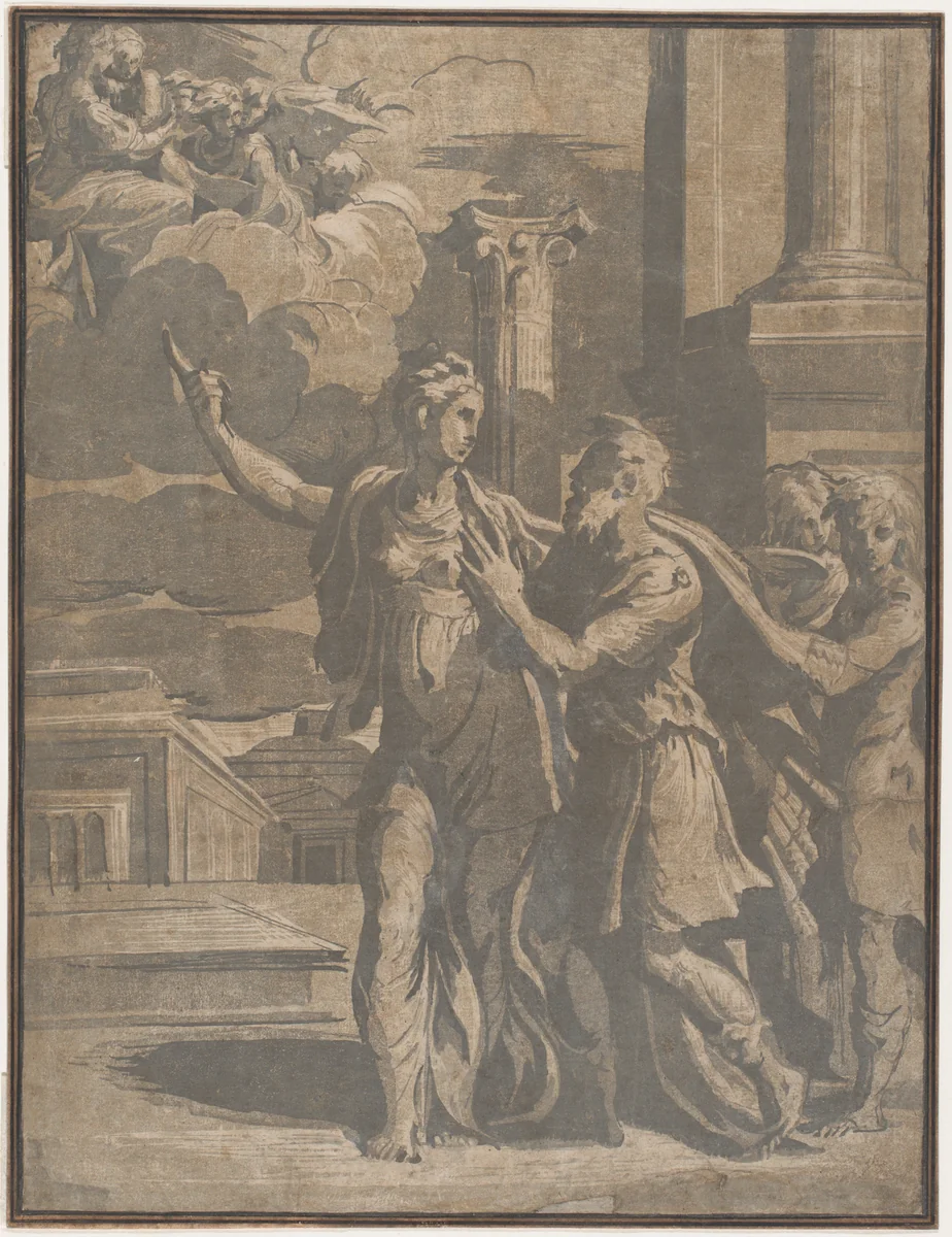 The Tiburtine Sibyl showing Emperor Augustus the Virgin and Christ Child by anonymous, print, 1525-1535