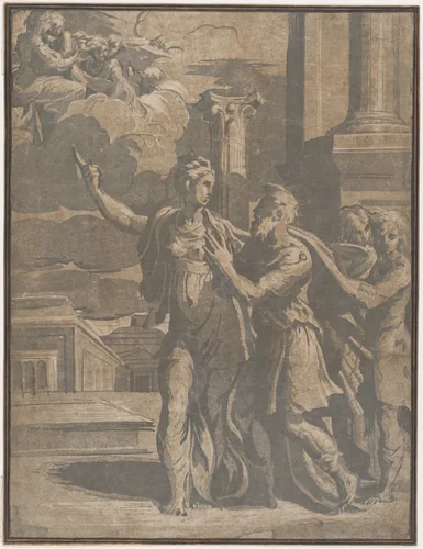 The Tiburtine Sibyl showing Emperor Augustus the Virgin and Christ Child by anonymous, print, 1525-1535