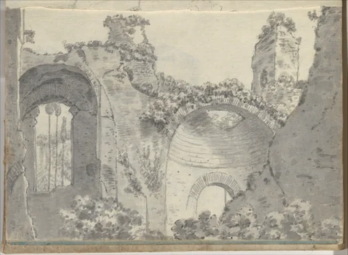 Roman ruins with arched alcoves (Smaller Italian sketchbook, leaf 3 recto) by Joseph Wright, drawing, 1774-1775
