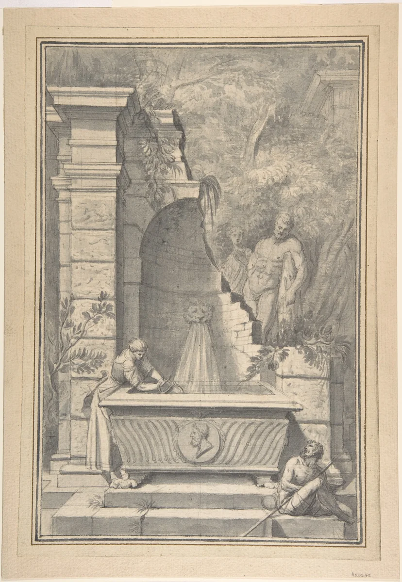 A Woman at a Fountain by a Ruined Temple, the Farnese Hercules in the Background by Johannes Antiquus, drawing, 1726-1750