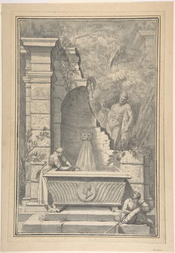 A Woman at a Fountain by a Ruined Temple, the Farnese Hercules in the Background by Johannes Antiquus, drawing, 1726-1750