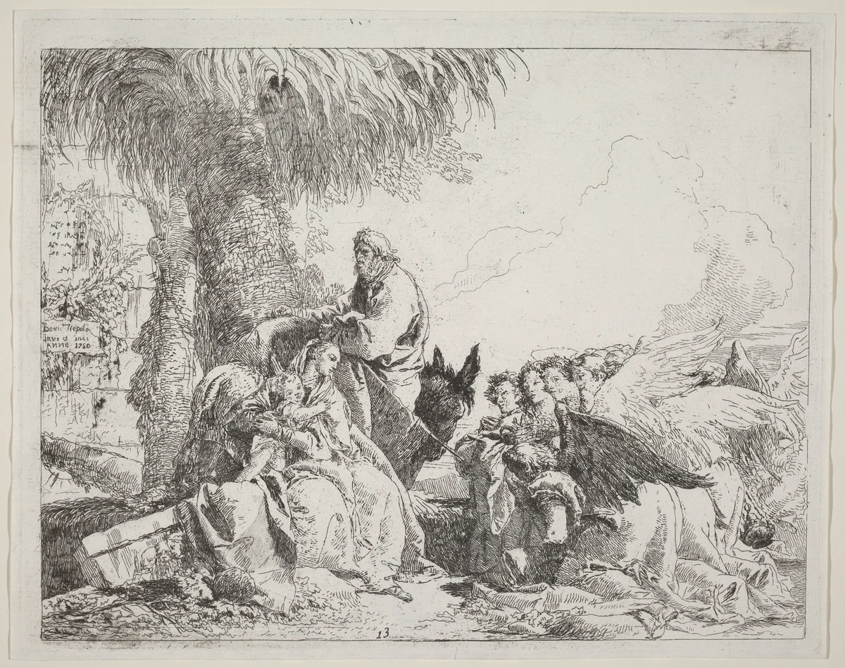 The Rest on the Flight, with Adoring Angels by Giovanni Domenico Tiepolo, print, 1750