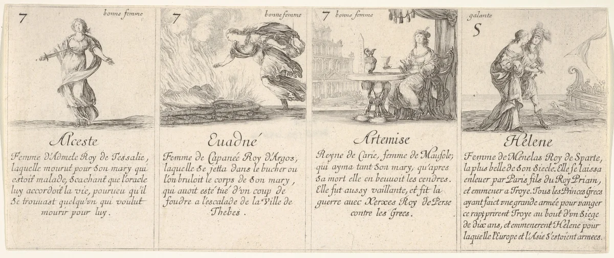 Alceste, Euadné, Artemise, and Helene, from "The Game of Queens" (Le Jeu des Reines Renommées) by Stefano della Bella, print, 1644