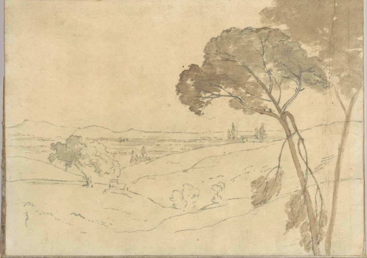 Landscape with distant buildings, near Rome (Smaller Italian sketchbook, leaf 27 recto) by Joseph Wright, drawing, 1774-1775