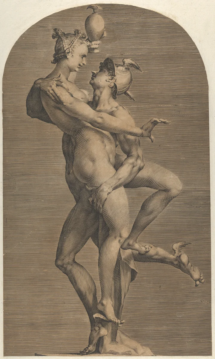 Mercury Abducting Psyche (lateral view Psyche's side), from a set of three views of the sculpture by Jan Muller, print, 1588-1598