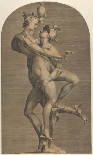 Mercury Abducting Psyche (lateral view Psyche's side), from a set of three views of the sculpture by Jan Muller, print, 1588-1598