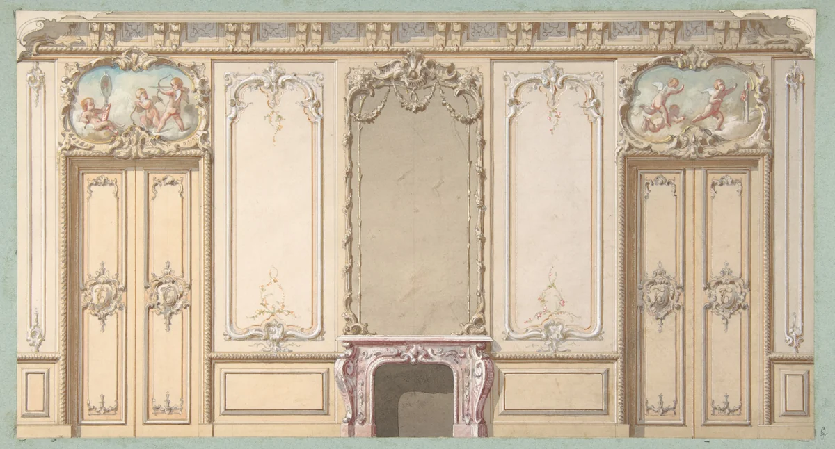 Elevation of a salon decorated in Louis XV style by Jules-Edmond-Charles Lachaise, drawing, 1820-1897