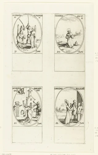 Heilige Gervasius en Heilige Protasius van Milaan, Heilige Silverius, Heilige Eusebius van Samosata, Heilige Paulinus van Nola (19-22 juni) by Jacques Callot, print, 1632-1636