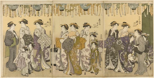 Courtesans and Their Attendants Parading under Lanterns by Katsukawa Shuncho, print, 1775-1806