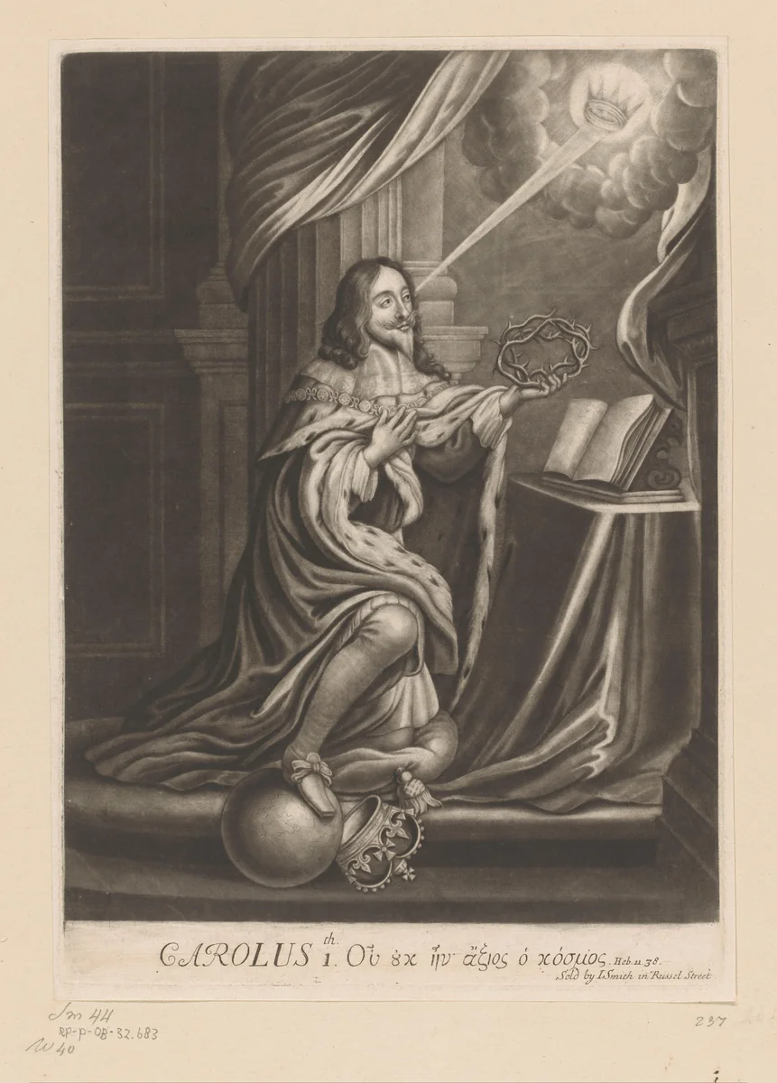 Portret van Karel I, koning van Engeland geknield bij een altaar by John Smith, print, 1662-1742