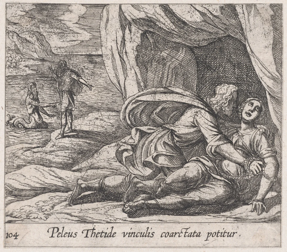 Plate 104: Peleus Embracing Thetis (Peleus Thetide vinculis coarctata potitur), from Ovid's 'Metamorphoses' by Antonio Tempesta, print, 1606