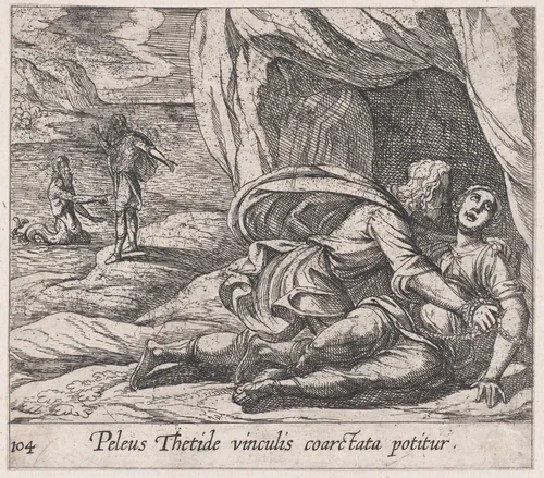 Plate 104: Peleus Embracing Thetis (Peleus Thetide vinculis coarctata potitur), from Ovid's 'Metamorphoses' by Antonio Tempesta, print, 1606